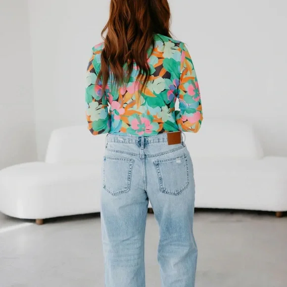 Davi & Dani Anica Floral Mesh Long Sleeve Top Green Womens Size Medium - Picture 3 of 13